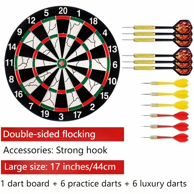 17-Inch Dart Target Set, Thick Double-Sided Flocking, Solid Alloy Frame, with 6 Practice Darts And 6 Luxury Darts, Suitable for Casual Games, Family Entertainment, Professional Competitions, Office Decompression