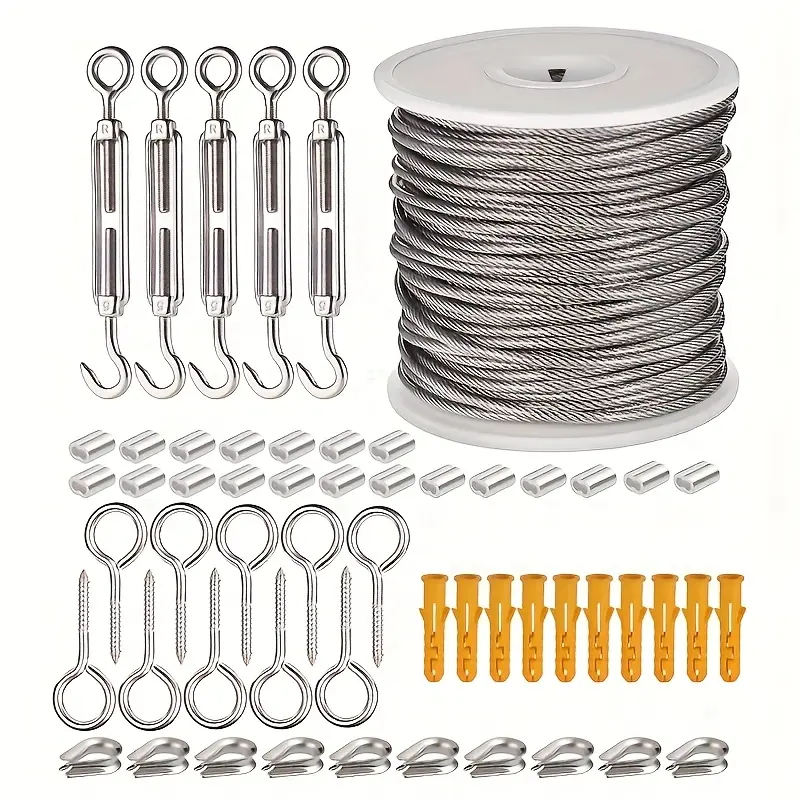 Stainless Steel Wire Rope Cable Complete Kit with Vinyl Coated 100ft Cable, Weather Resistant Rope, Accessories for Outdoor and Garden Use, Industrial Grade Rigging Hardware Set