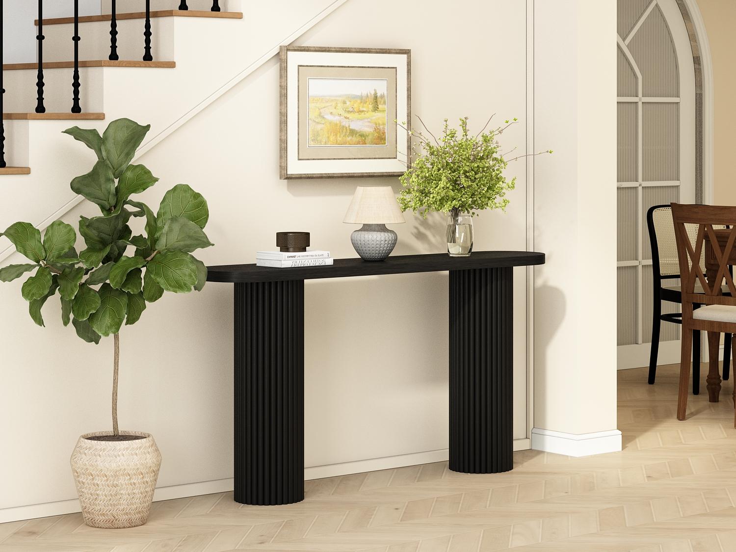 Fluted Solid Wood Console Table Farmhouse Entryway Table with Rounded Corners, Morden Sofa Tables Behind Couch for Foyer, Entrance, Living Room, Hallway