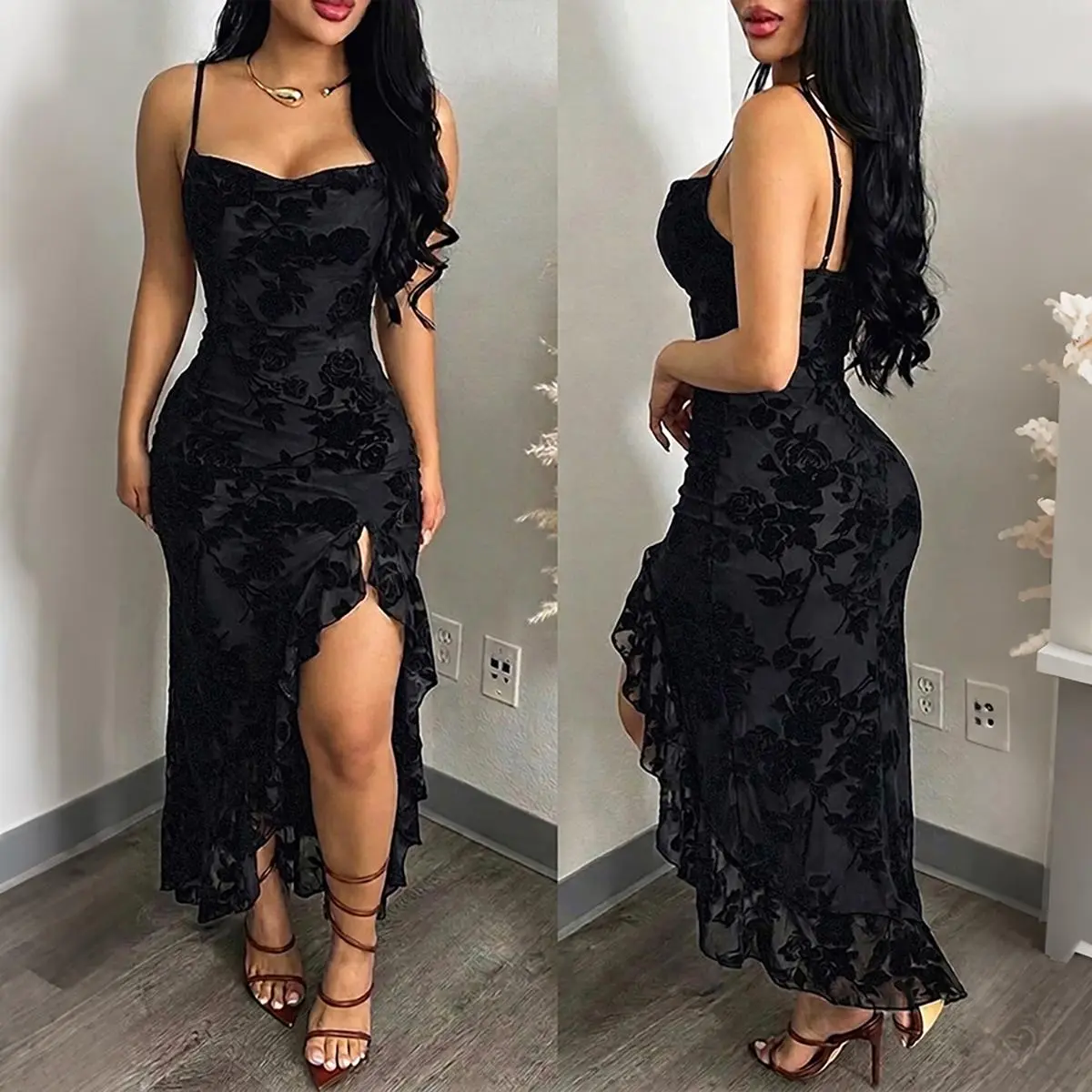 CHICME Women's Vintage Floral Cowl Neck Maxi Dress with Adjustable Straps, Cocktail Gown in Sheer Flocking Fabric with High Slit Formal dresses For Women