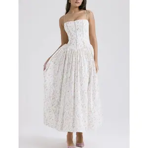 Womens Corset Detail Spaghetti Straps Knotted Maxi Dress Women French Flowy Dress White Women Dress Summer Beach Dress Bohemian Sundresses Womenswear Sleeveless Formal Boho Print