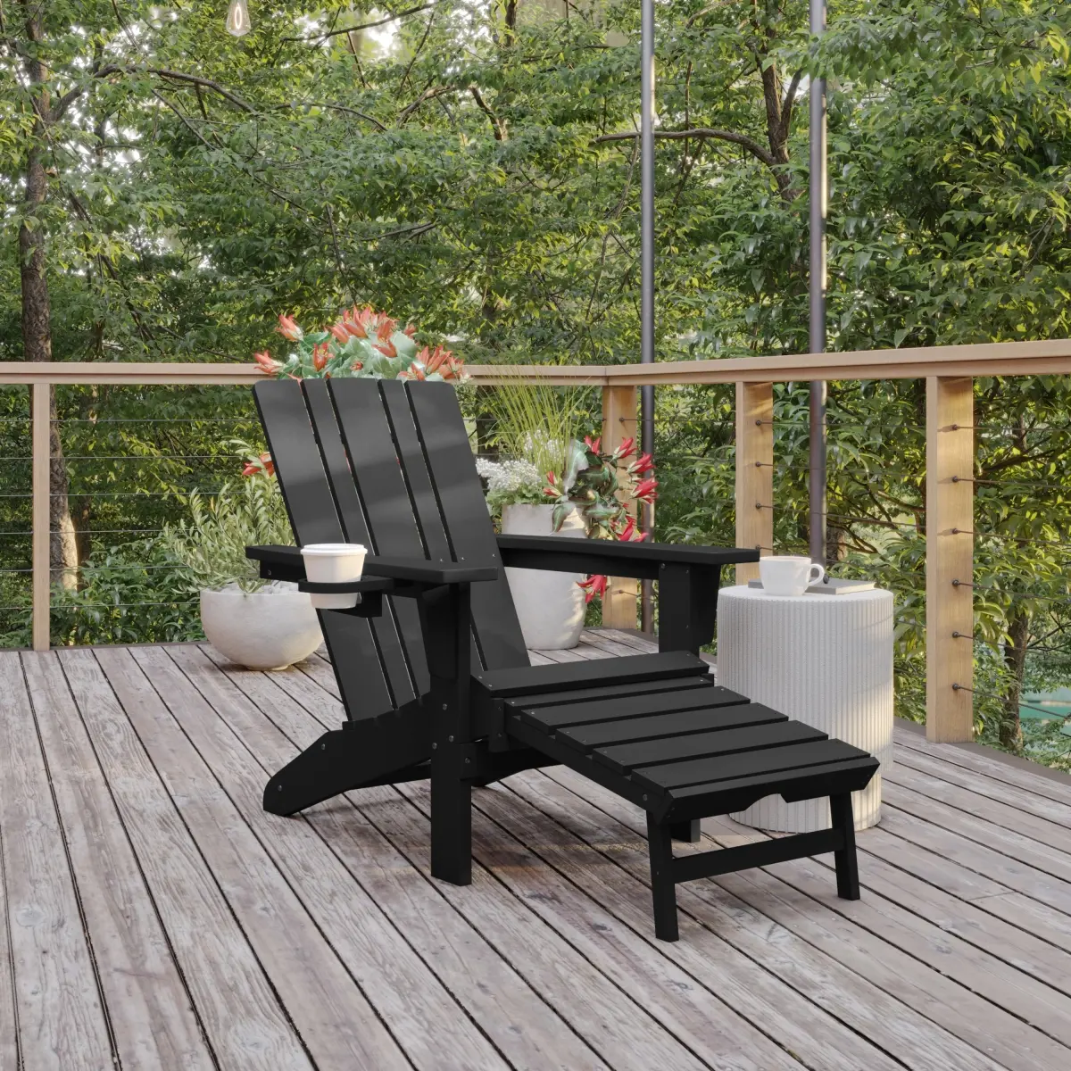 Flash Furniture LE-HMP-1045-110-BK-GG Halifax HDPE Adirondack Chair with Cup Holder & Pull Out Ottoman, All-Weather HDPE Indoor & Outdoor Lounge Chair in Black