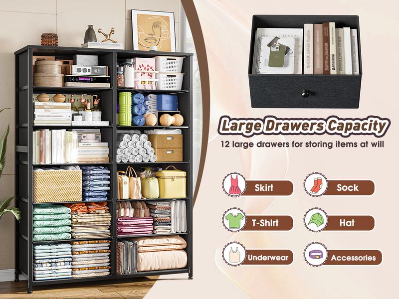 【New Year Gift】RaybeeFurniture 52.3"H Tall Fabric Dresser with 12 Drawers, Large Double X Support Design, Rust-Proof Metal Frame, Waterproof Wood Top, Easy Assembly, Multi-Functional Storage Organizer for Bedroom, Living Room, Entryway