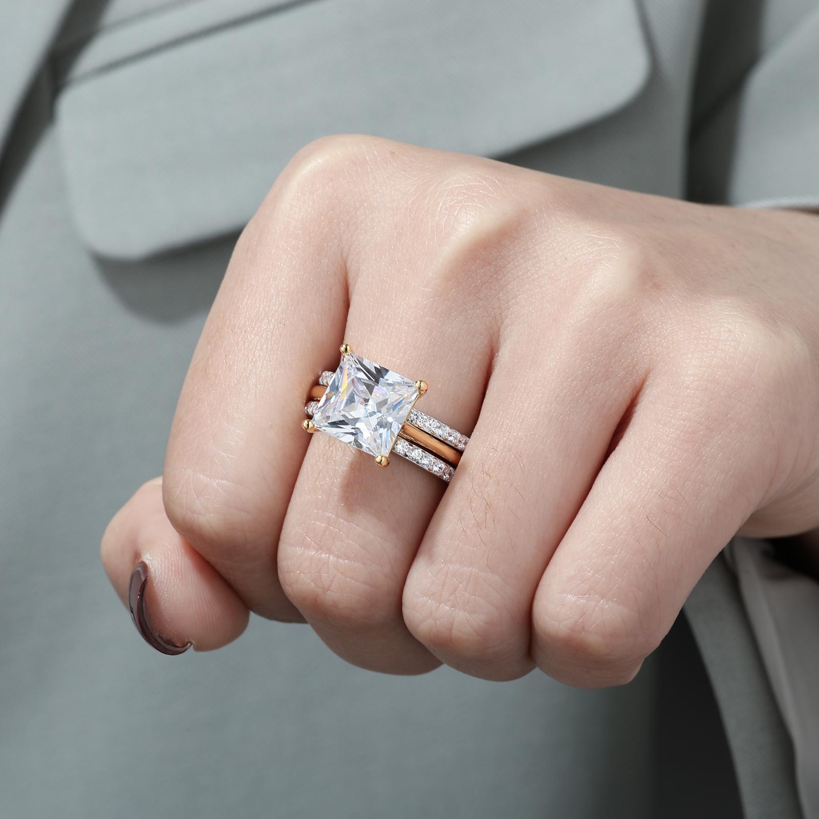 UCCIYO[R170]ct Two-Tone Princess Cut & Sparkling Square 2-Piece Ring Set – Perfect for Anniversary, Birthday, Valentine’s, Engagement & Everyday Wear – Timeless Elegant Design for Her