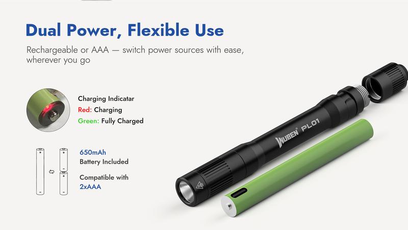 WUBEN PL01 Mini Penlight, 1–650 Lumens EDC Flashlight, CRI90+ Natural Light for Doctors, Technicians & Everyday Carry, IP68 Waterproof, Alcohol-Wipe Safe, Dual Power – USB-C Rechargeable or Battery Replaceable (WUBEN Cell Included)
