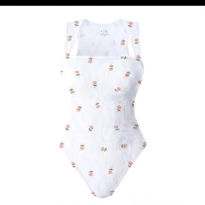 Women's Coquette Cherry Floral Bodysuit, Comfortable Ribbed Square Neck Sleeveless Top for Everyday Layering, Chic, Style, Elegance, Tank Top, Casual, Snap, Nylon, Valentines Day, Slim Fitted, Graphic Print