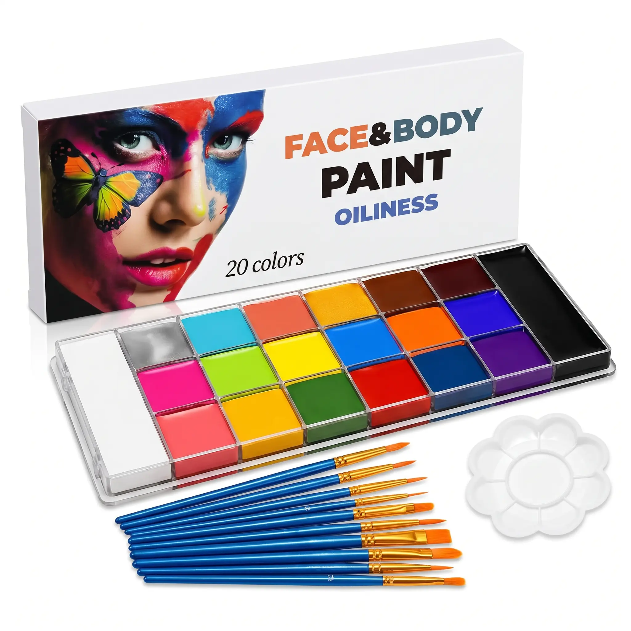 20-Color Waterproof Pigment Body Face Makeup Palette Kit, 10 Professional Artist Brushes, Large Deep Pan, Setting & Full Coverage Body Paint for Halloween, Cosplay