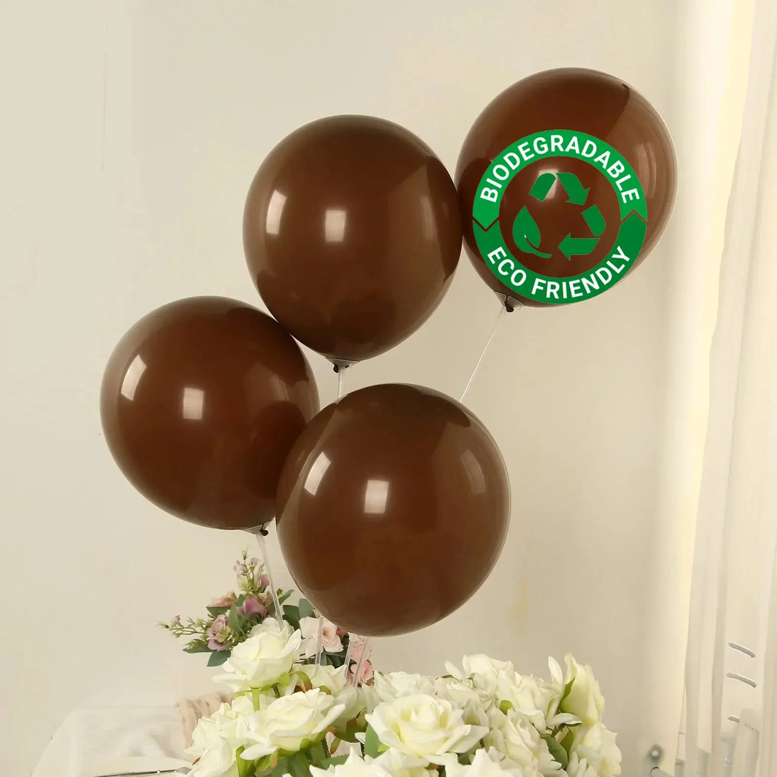 12 in Matte Pastel Cinnamon Brown Hangable Round Shape Biodegradable Latex Balloons, 50-Pack Thick Eco-Friendly Balloons for Wedding Decorating, Birthday Party Supplies
