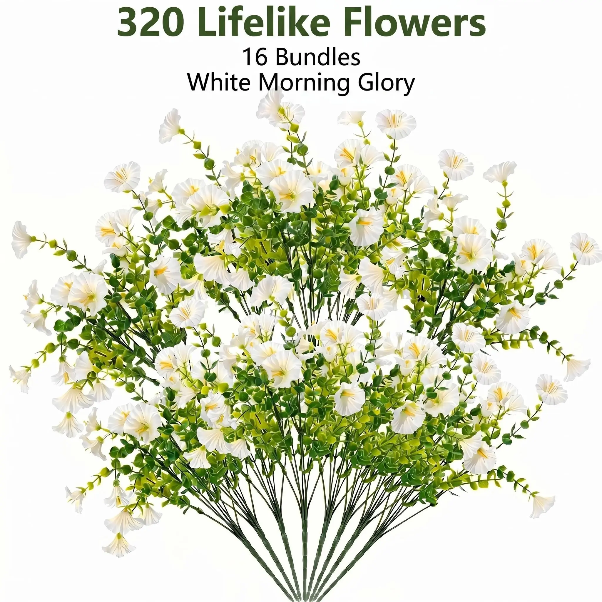 16 Bundles White Artificial Morning Glory Flowers, 320 Blooms UV Resistant Faux Flowers for Outdoor Porch, Patio, Window Box and Garden Decor fake flower