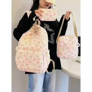 Simple and cute bow pattern women's backpack, stylish design and casual three piece set, suitable for daily use, business trips, and leisure activities