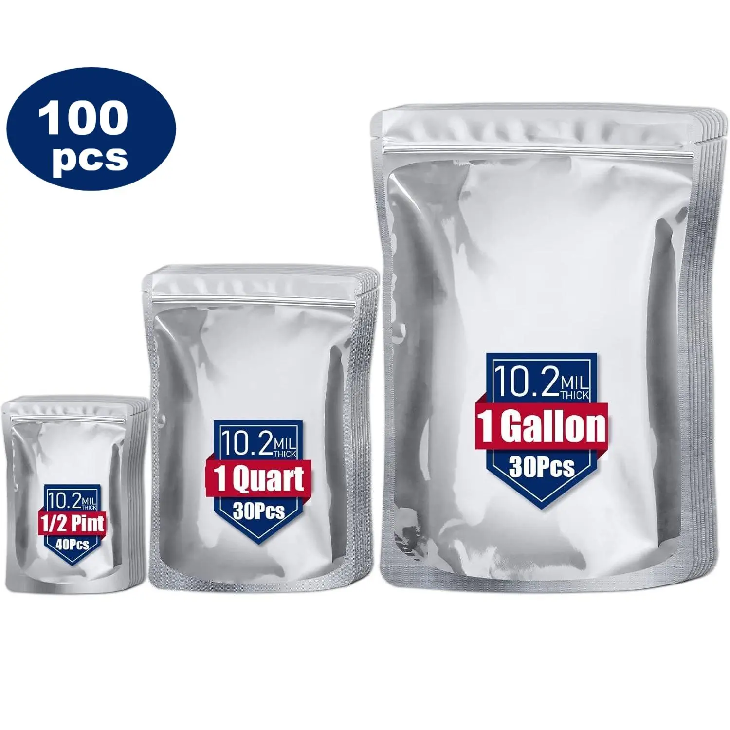 Mylar Food Storage Bags - 100 Count Resealable Zipper Stand Up Bags with Varying Thicknesses: 1gal (30pcs), 1qt (30pcs), 1/2pt (40pcs), Resealable Zipper Bags