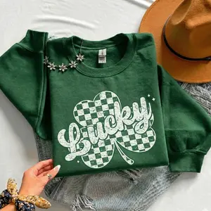 Shamrock Distressed Graphic Crewneck Sweatshirt for Men and Women, Fleece Pullover, Long Sleeve