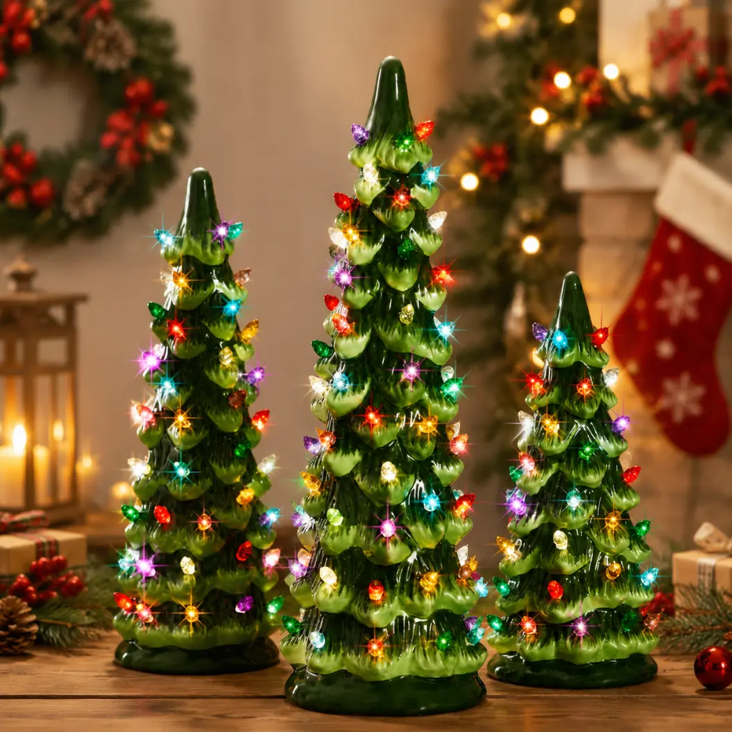 Festive Holiday LED Pre-Lit Hand-Painted Ceramic Tabletop Christmas Trees, 3-Piece Set Pack for Home Festive Decorations, Colorful Lights