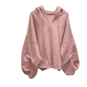 Women's Pink V-Neck Drawstring Hoodie Loose Fit Soft Knit Pullover Casual Long Sleeve Sweatshirt for Early Autumn Unique Design Oversized Chic Everyday Style Tops