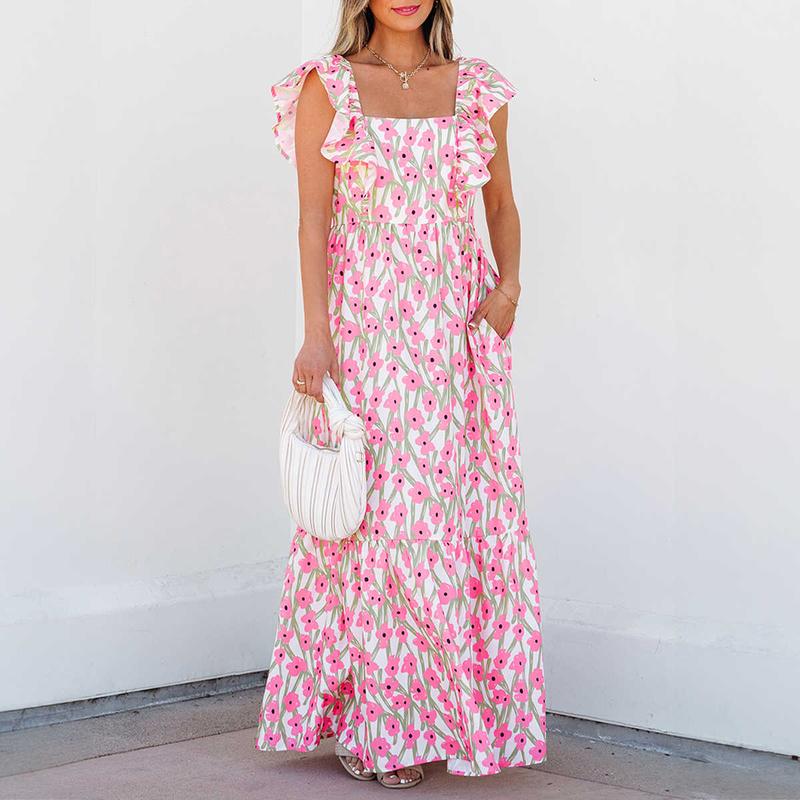 Pink Floral Print Square Neck Ruffled Strap Maxi Dress