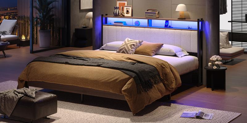 Pinmoco Upholstered Headboard with Storage, Linen Head Board with LED Light and Charging Station 【Headboard Only】