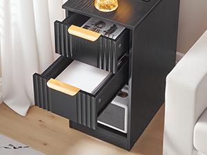 HOOBRO Narrow End Table, Fluted Nightstand with 2 Drawers and Open Shelf, Built-in Charging Station, Modern Bedside Table for Small Spaces, Bedroom, Living Room, Black and Gold HOOBRO Narrow End Table, Fluted Nightstand with 2 Drawers and Open Shelf, Built-in Charging Station, Modern Bedside Table for Small Spaces, Bedroom, Living Room, Black and Gold