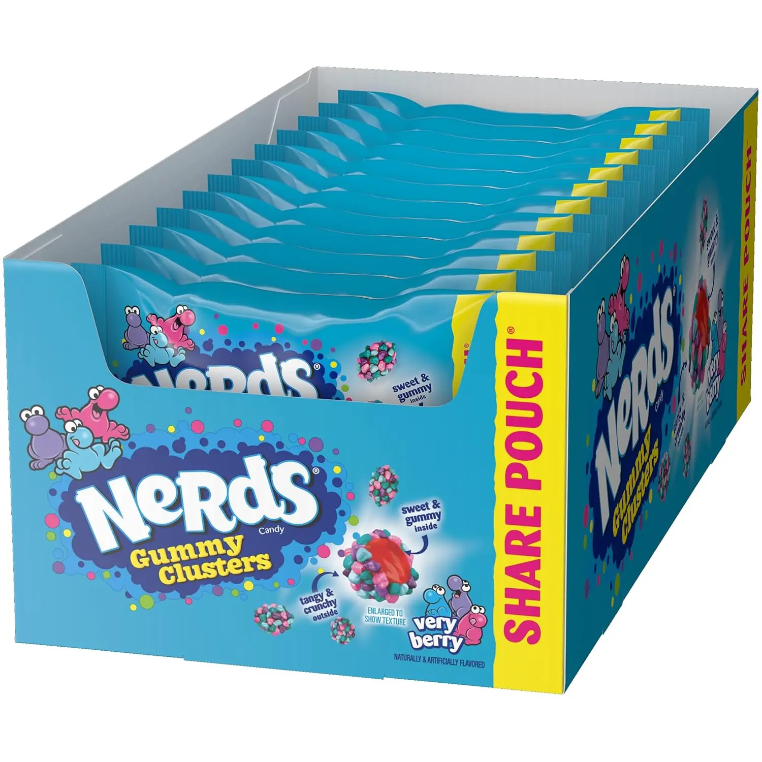Nerds Very Berry Gummy Clusters 3 oz peg bag. 12 ct. - A Berry Blast with a Chewy Gummy Center Covered in Crunchy Nerds Pieces in Blueberry, Raspberry, Strawberry, Wild Berry, and Grape Flavors - 12 Count Box Candy Sweet