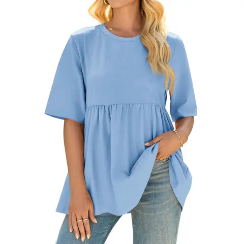 Cicy Bell Women's Summer Babydoll Tops Oversized Short Sleeve Crewneck T Shirts Peplum Casual Loose Blouse