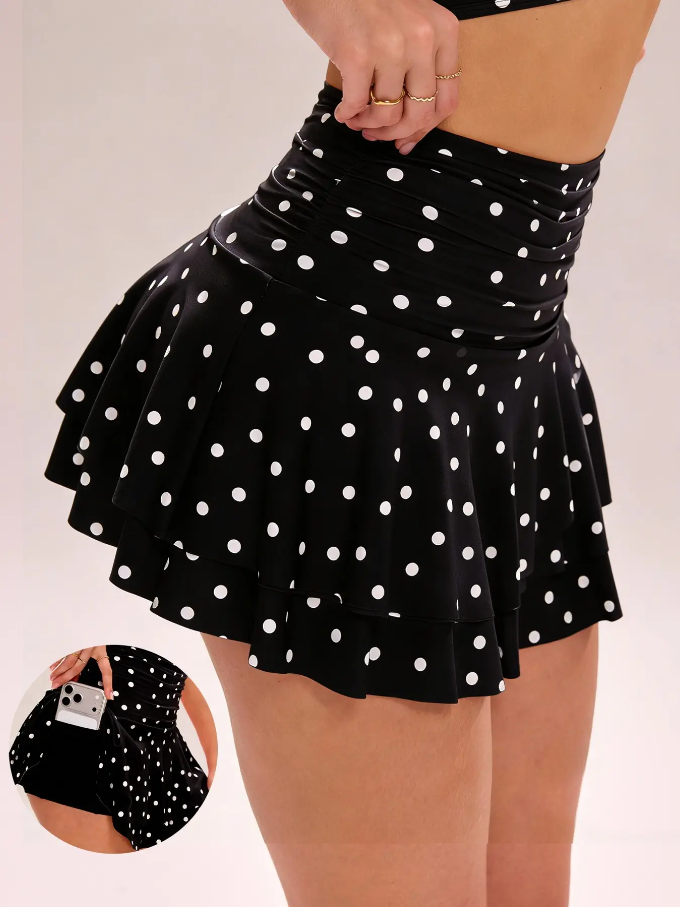 Women's Sporty Short Skort, Fashion Skorts, Sexy Polka Dot Ruffle Hem, Fitted Natural Waist, Cute Spring Fall Style, Anti-Exposure Design, Athletic Tennis & Workout Skirt
