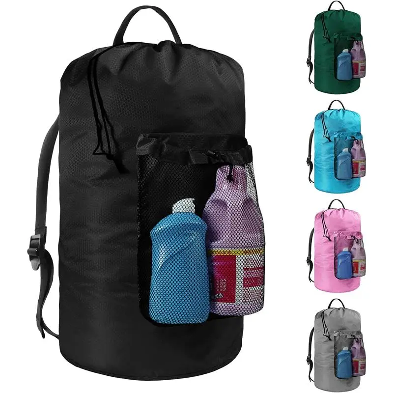 Laundry Bag with Shoulder Straps and Mesh Pocket Laundry Backpack Large Portable Laundry Hamper for College Laundromat Apartment