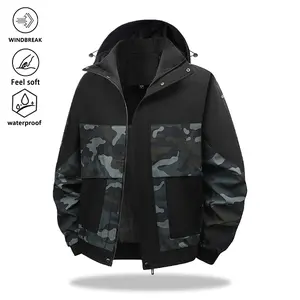 Men’s Black & Camouflage Jacket – Waterproof & Windproof, Hooded Design, Essential for Outdoor Hiking and Everyday Wear