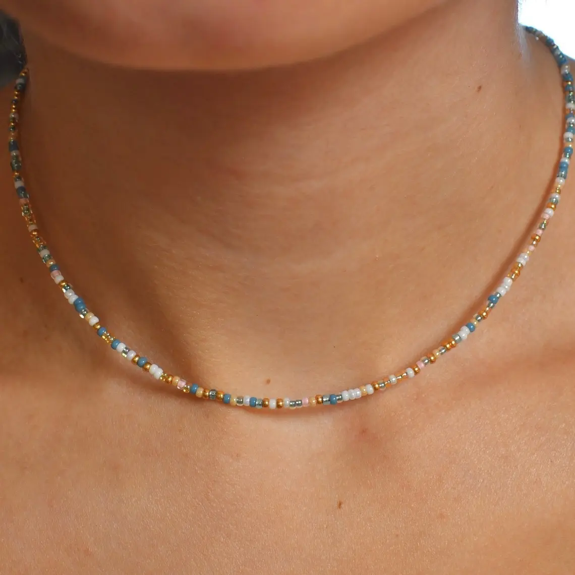 Ocean Cove Tiny Waterproof Beaded Necklace 2mm Seed Beads Adjustable Tarnish-Free Hypoallergenic Seed Bead Choker with 2" Extension Chain