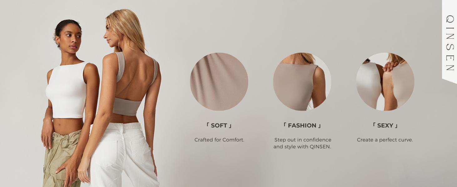 QINSEN Women's Sexy Open Back Sleeveless Crop Tank High Neck Slim Fit Cropped Tee Shirt Y2k Tops Comfort Fabric