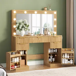Large Fluted Vanity Desk with Mirror,11 LED Lights & Power Outlet,Makeup Vanity Table with 2 Hidden Storage Shelf,Vanity Table, Modern Dressing Table with 5 Drawers & 2 Cabinets