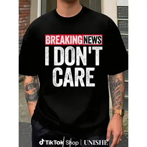 Men's Bold Printed Sports T-Shirt with "Breaking News I Don't Care" Slogan, Natural Fabric Option for Biker Activities, Pairable with Leggings-Denim Bottoms or Swimsuits