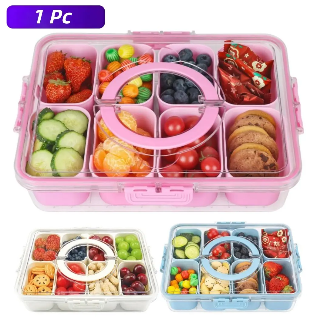 1Pc Divided Serving Tray with Lid Snack Containers -Snackle Box Charcuterie Container for Portable Snack Platters-Clear Organizer for Candy, lunch bento box, Perfect for Party,Travel(4/8 Compartments) Kitchen Food Storage Plastic Containers