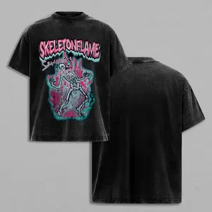 Skeleton Graphic Streetwear Casual Vintage Wash T-Shirt Oversized Heavy Cotton Breathable Stretch Unisex