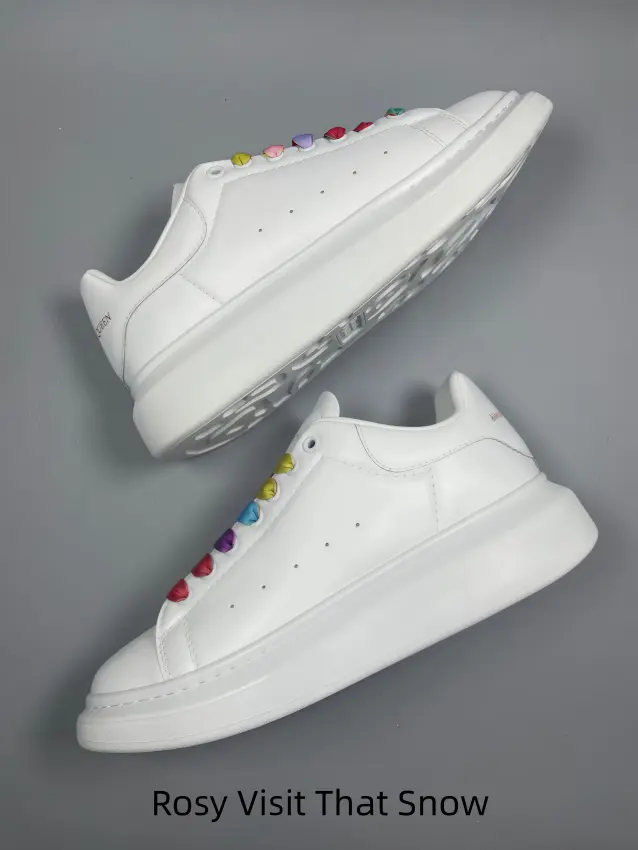 Unisex smooth white leather platform sneakers with colorful gradient rainbow laces, thick white lift sole, lively casual shoes match jeans for daily street dating outfits