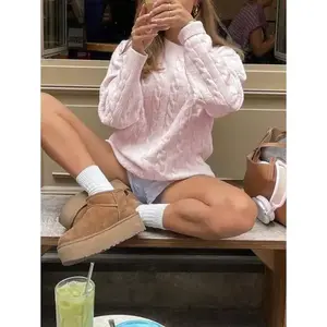 New Autumn And Winter Round Neck Twisted Flower Long Sleeved Knitted Sweater Top For Women, Loose Pink Cute Sweater Pullover, Suitable For Daily Commuting,Fall/Winter Women Clothes PowderedRose