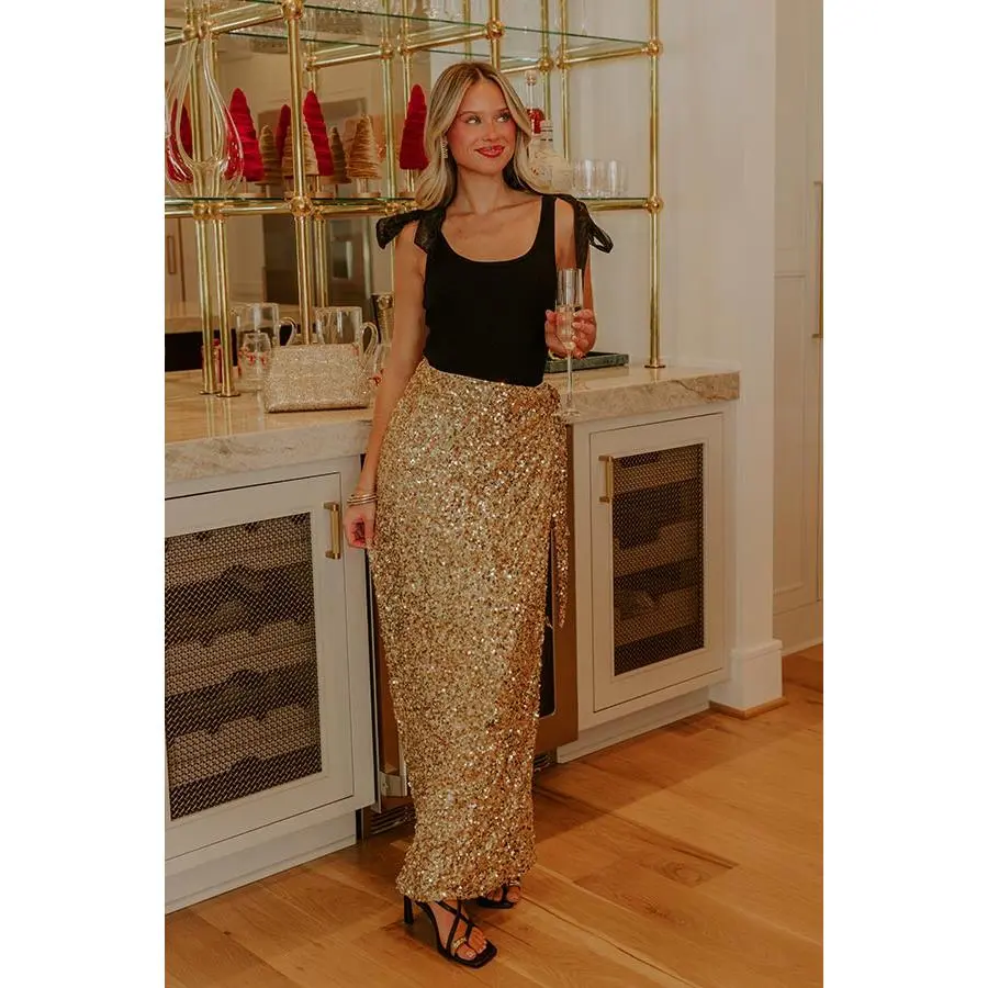 Shimmering Smile High Waist Sequin Wrap Maxi Skirt in Gold