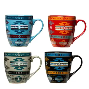 Nu Trendz Aztec 20 OZ Coffee Mug Set of 4 Large Ceramic Mugs with Handle for Cappuccino Latte Cocoa Milk Microwave & Dishwasher Safe Reusable Drinkware - Colorful
