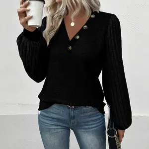 Black Buttoned V Neck Ribbed Puff Sleeve Top