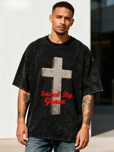Men's black washed cotton short sleeves, trend print, 2026 new cross and "Saved By Grace" text T-shirt clearance sale, men's batch T-shirt, Christmas dress, fashion personalized print, suitable for party wear and daily wear, fashion experts love