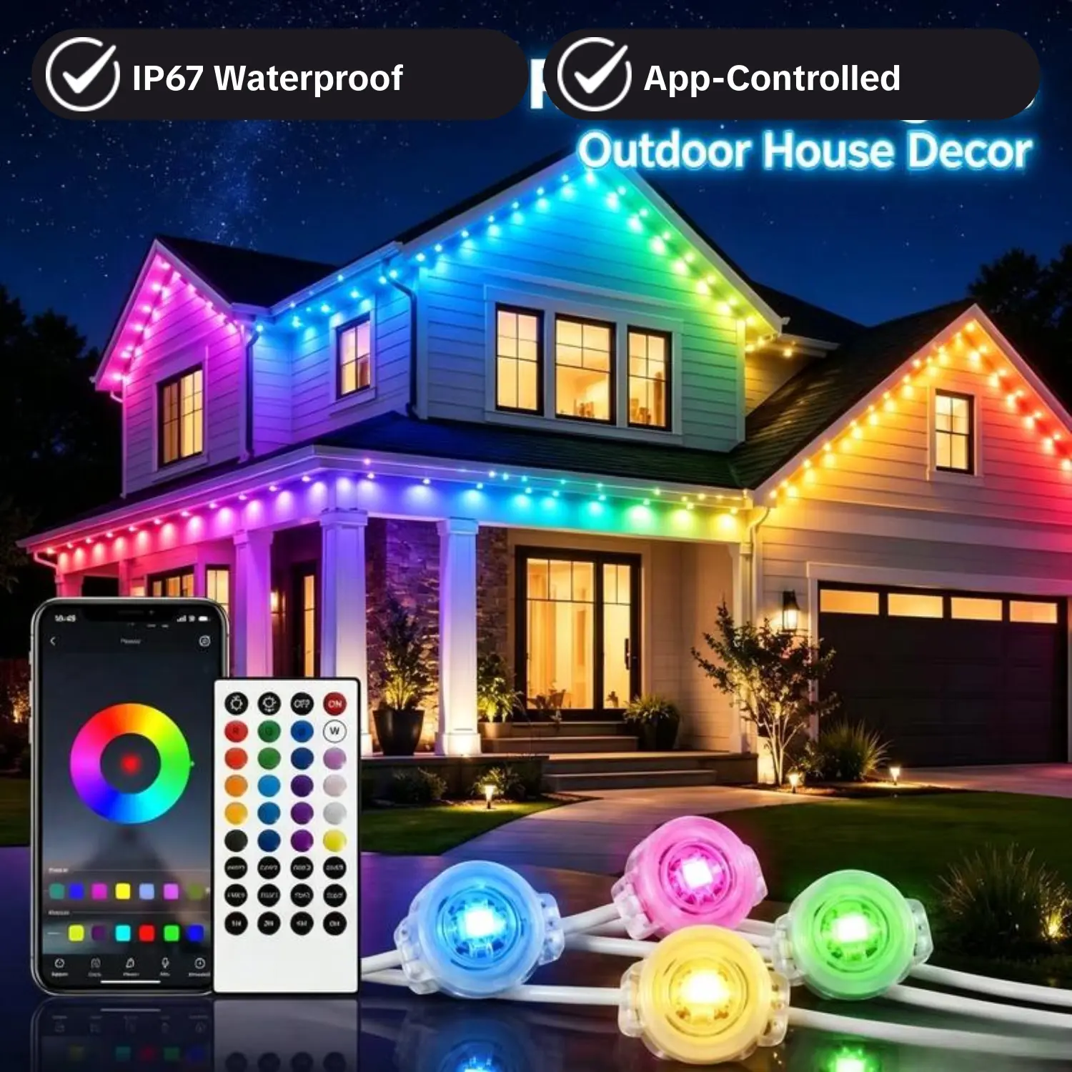 EIFFITENGE Permanent Linear Solar Outdoor Festive RGB LED Eaves Lights - App-Controlled, IP67 Waterproof, Motion Sensor, Fiber Optic String Light for House Holiday Christmas Decorations, Solar Outdoor Lights