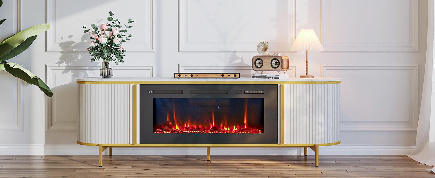 【2 Packages Shipping】Luxury 70" Fluted Fireplace TV Stand, Modern Chic Entertainment Center for TVs Up to 80", TV Console for Living Room, White Media Cabinet with Storage,70 Inch