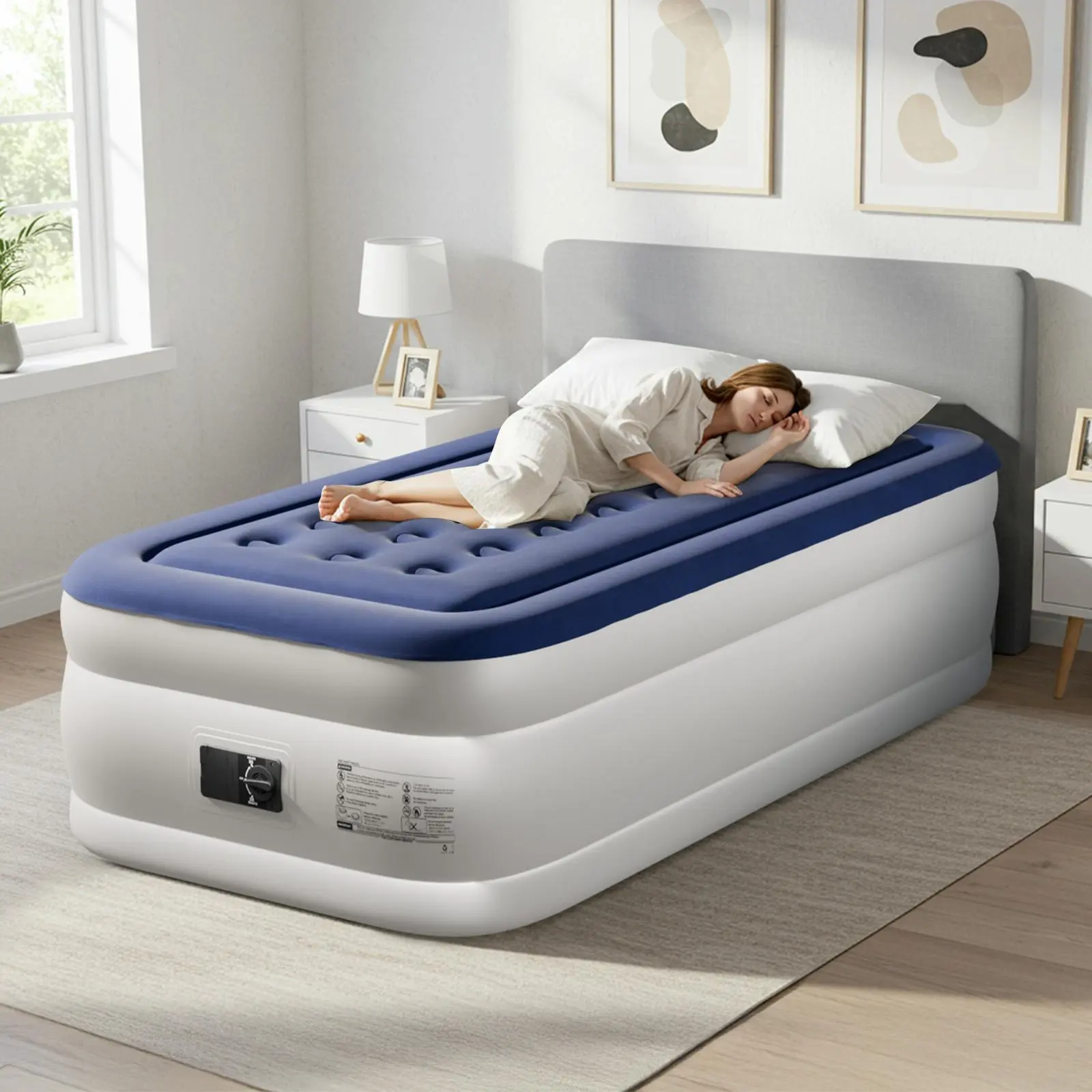 【Summervibes】18 Inch Single Inflatable Mattress with Built-in Pump, Elevated Comfort Air Mattress, Dual Chamber Airbed, 2 Minute Fast Inflate/Deflate Air Mattress for Family Guest Camping, Blue&White