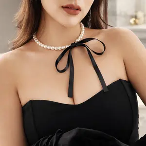 Pearl Beaded Black Satin Ribbon Bow Choker Necklace - Coquette Ballet Core French Retro Y2K Aesthetic Dainty Statement Jewelry Accessories for Women Valentines Gifts for gf