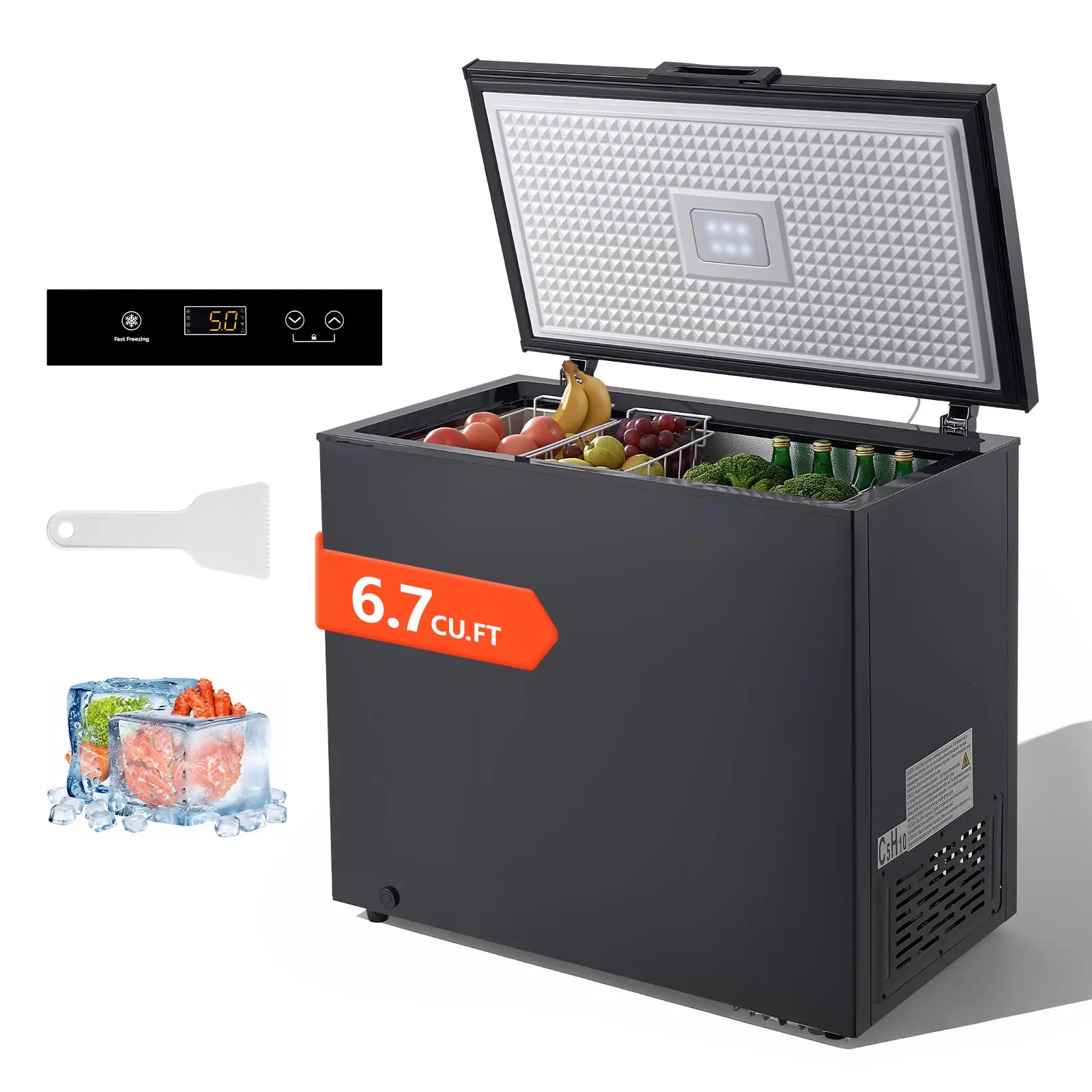 VEVOR Chest Freezer, 6.7 Cu.ft Compact Deep Freezer, Freestanding Top-Open Door Model with 2 Removable Baskets, Adjustable Temp & Energy-Saving, Low-Noise, Garage-Ready Design, Black