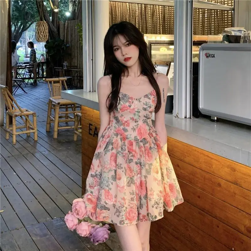 High Waist Elegant Slimming Floral Strap Dress Fairy Spring Summer French Style Petite New A-Line Short Dress