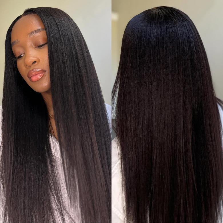 UNice Upgrade Blend Natural V Part Glueless Yaki/Kinky Straight Wig wih Drawstring Beginner Friendly Natural Black for Women SpringStatements