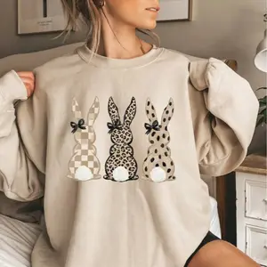 UrbanHalo - Neutral Easter Bunnies Sweatshirt, Hand-Painted Leopard Checkered Patte Al Coquette Style Easter Crewneck, Spring for Her, Cute Bunny