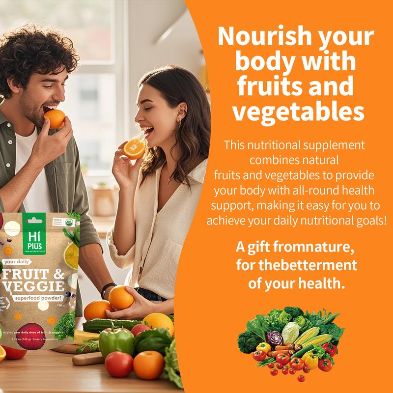 HiPlus Organic Fruits & Vegetables Powder Superfood Blend Daily Energy + Essential Vitamins | USDA Certified, Vegan Powder for Smoothies & Baking | Hidden vegetable recipes| Non-GMO, Gluten-Free, Easy Mixing | 3.52oz