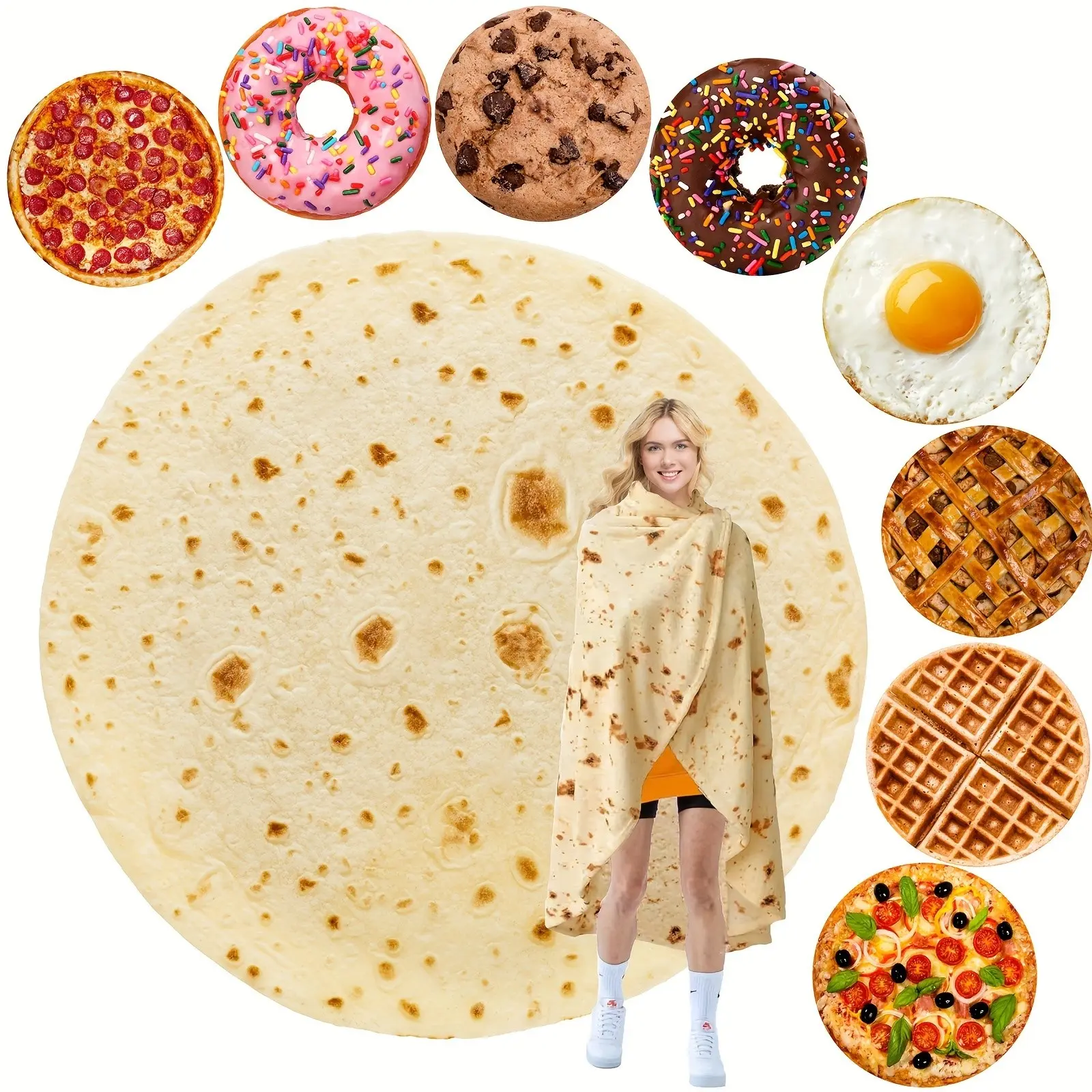 Soft Flannel Blanket with Food Cartoon Pattern, Mexican Tortilla, Apple Pie, Pizza, Donut Design, Multi-Purpose for Home Office Travel, Soft Blanket Throw, Cartoon Print Blanket, Cartoon Printed Blanket