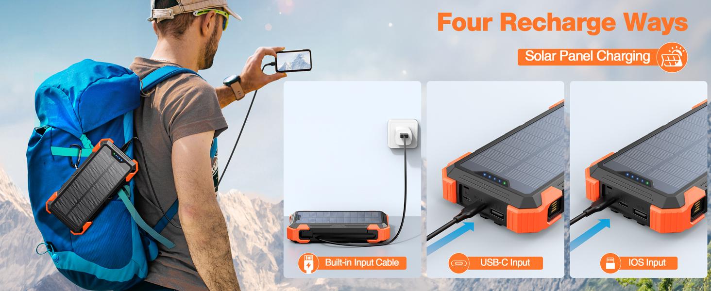W33 Solar Power Bank 42800mAh, 4 Cables, Thermometer, 15W Fast Charge, 2 USB-C, 1 Lightning.