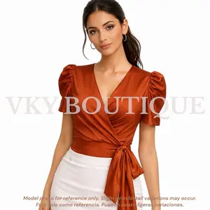 RUFFLE WRAP BLOUSE CHIC & FLATTERING V-Neck Short Sleeve Top with Ruffled Sleeves and Waist Tie Design KF